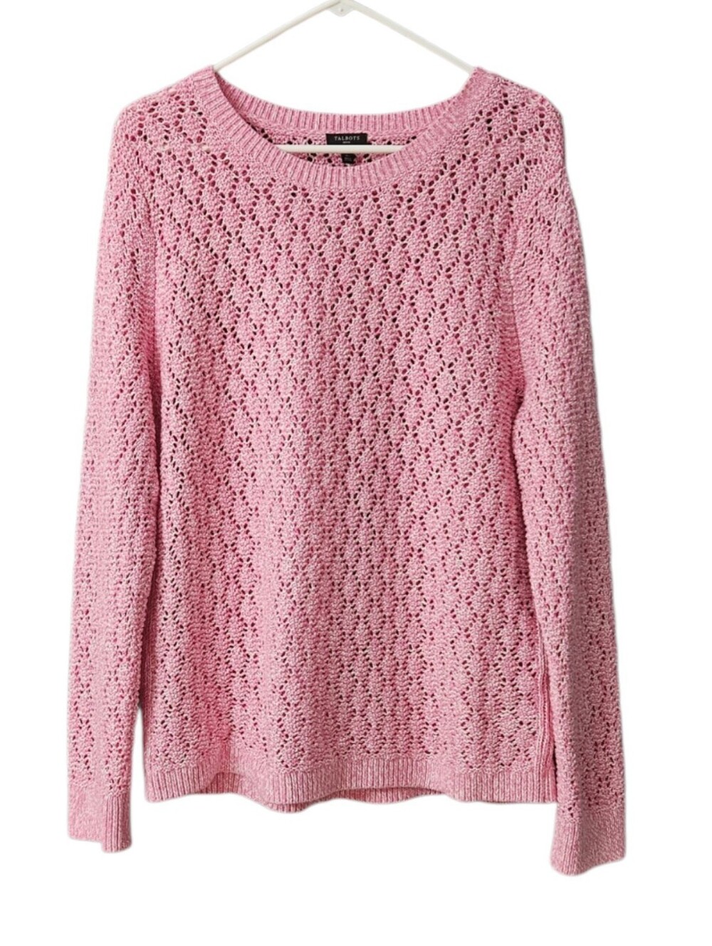 Talbots Open-Knit Crewneck Sweater Women's XLP Pink White